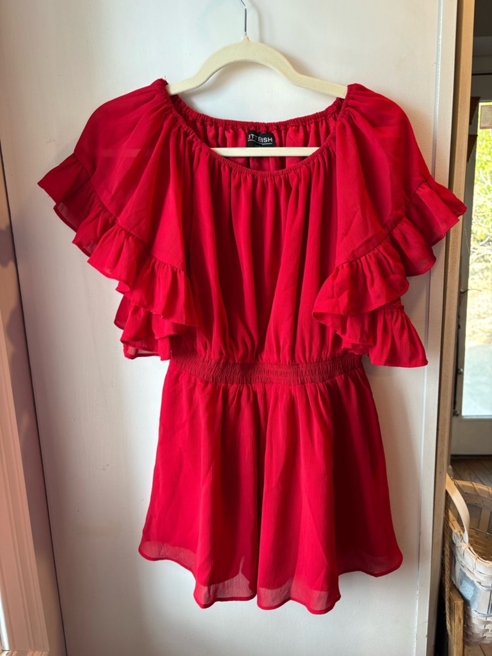 Kittenish Vibrant Red Ruffle Off-Shoulder Romper - Picture 2 of 5